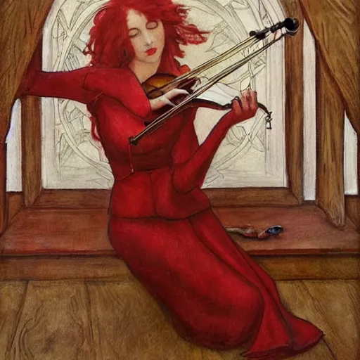 Image similar to woman with red hair red dress at the center of the stage playing redwood violin, artistic, renaissance, soft, detailed, art nouveau, artwork of the century, precision