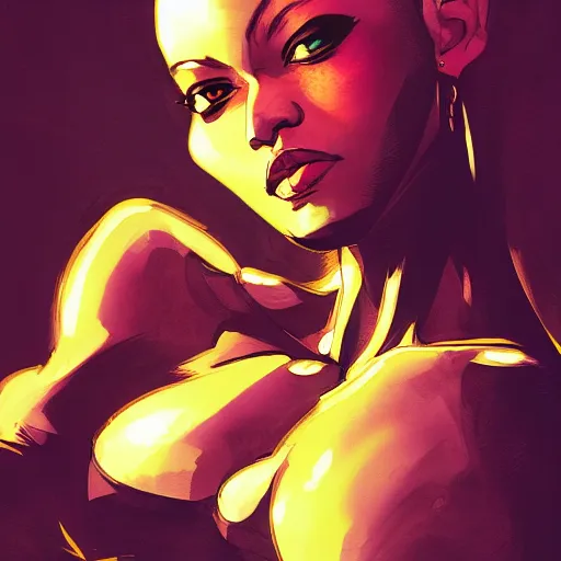 Image similar to portrait of a bald black woman, dramatic lighting, illustration by Rossdraws, yoji shinkawa, 4k, digital art, concept art, trending on artstation