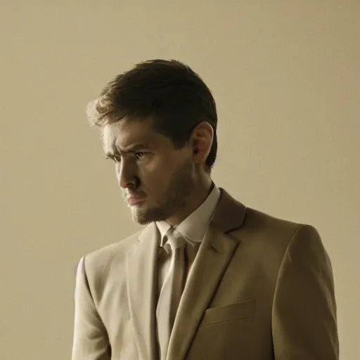 Image similar to Photo of a stern man in a beige peak lapel suit with a sad and melancholic look, grieving, chiaroscuro, facing the camera, closeup shot, cinematic promo material