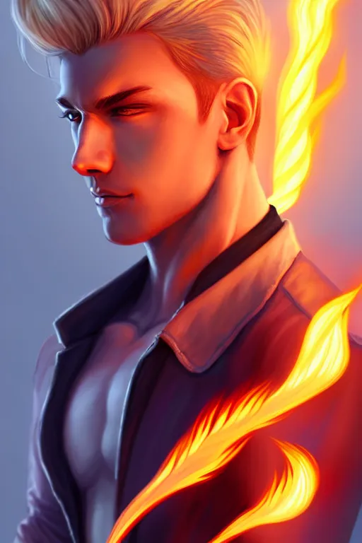 Image similar to character art by artgerm, young man, blonde hair, on fire, fire powers