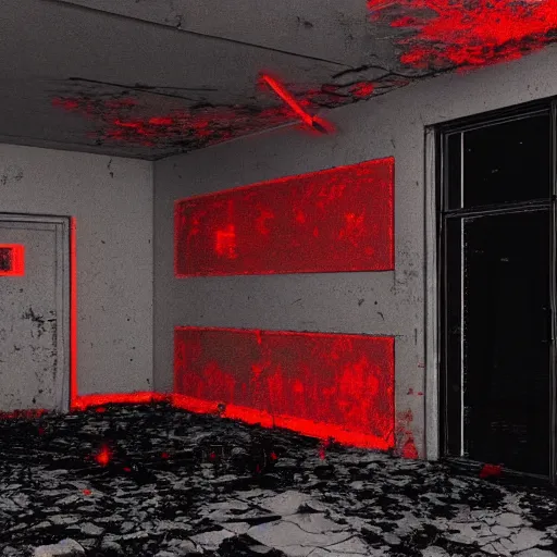 Image similar to cctv of an extremely dark empty abandoned building with glowing humanoid cryptid made out of television static, dark deep black shadows, red and black color contrast in the style of trevor henderson, liminal space, 3 d render, glitch effect