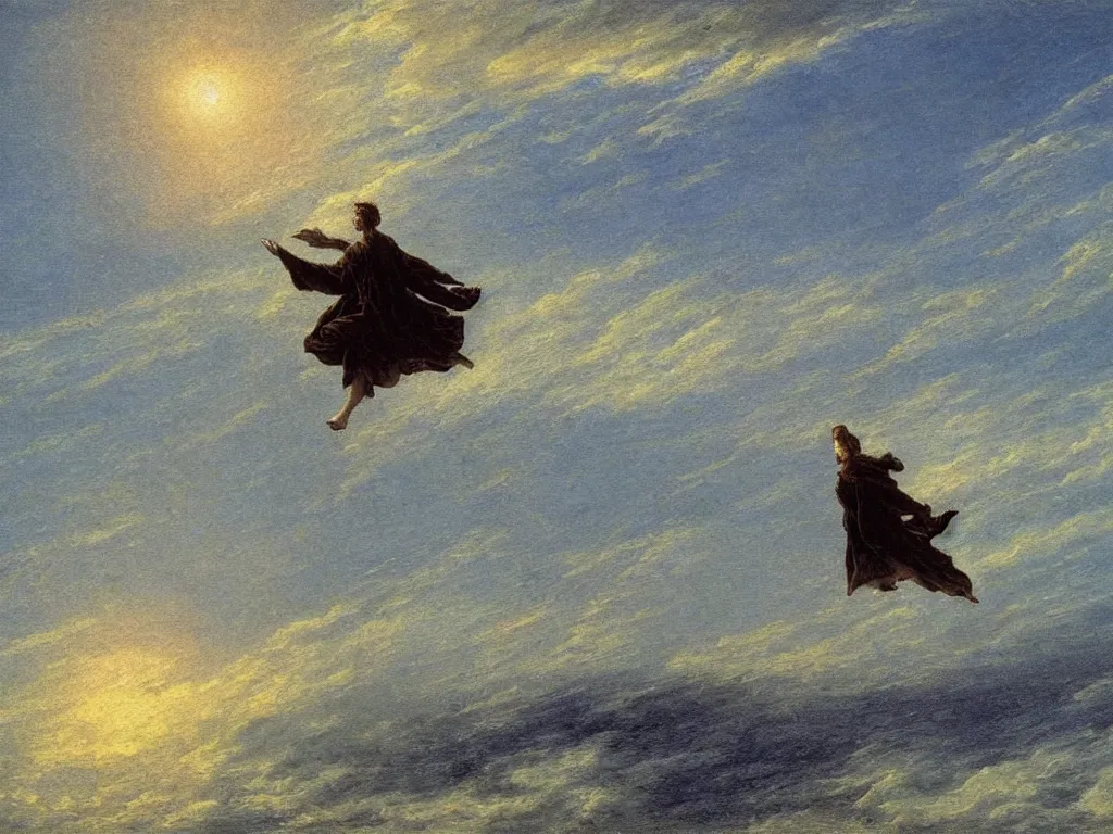 Image similar to dominion angel in the sky flying on the sea painted by caspar david friedrich