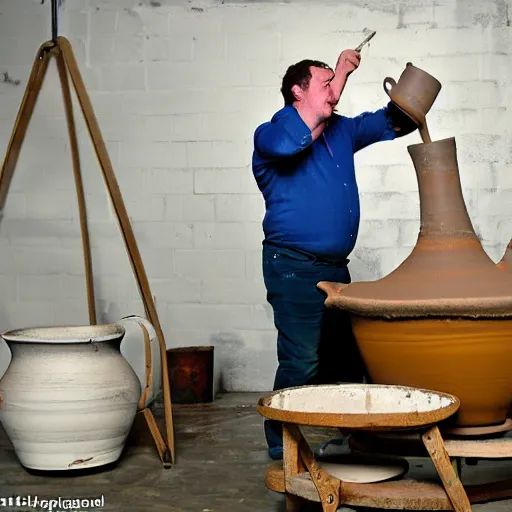 Image similar to johnny vegas making a huge teapot out of wet clay, on a pottery wheel, art school, studio, wet clay, Michael Joseph Pennington, photorealistic