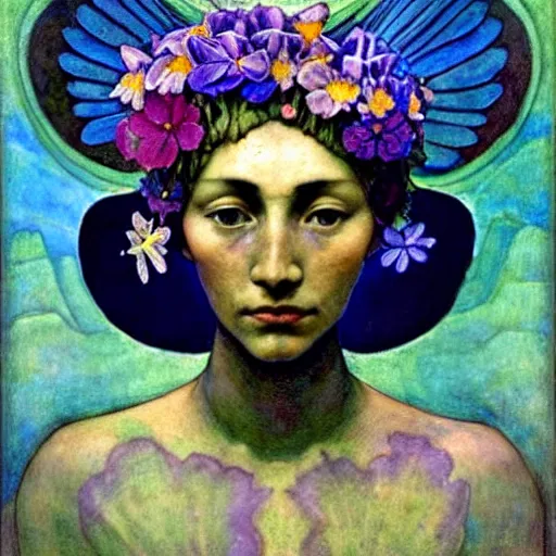 Image similar to the flower crown, by annie swynnerton and nicholas roerich and diego rivera, bioluminescent skin, tattoos, wings made out of flowers, elaborate costume, geometric ornament, symbolist, cool colors like blue and green and violet, smooth, sharp focus, extremely detailed