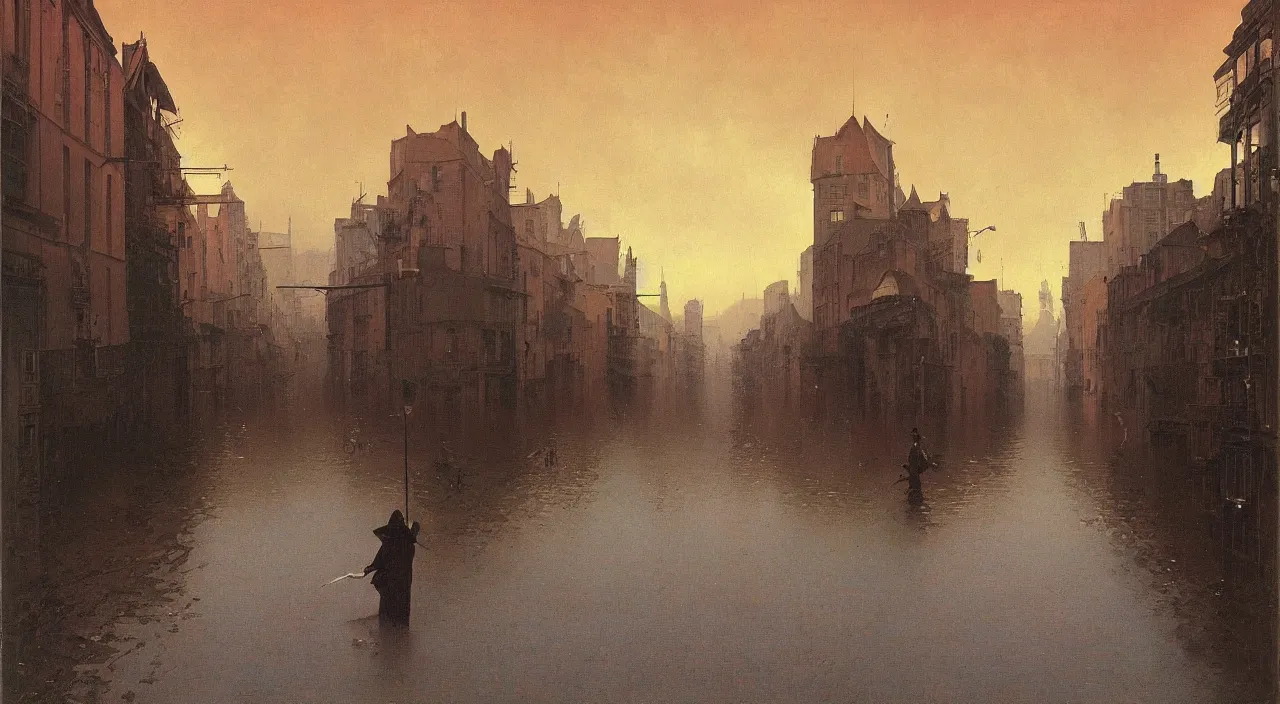 Prompt: very coherent and colorful high contrast!! painting of a flooded empty! street by bruce pennington carl spitzweg rene magritte, full - length view, hard black shadows, vivid colors, symmetry, great composition, high detail, cinematic lighting, masterpiece