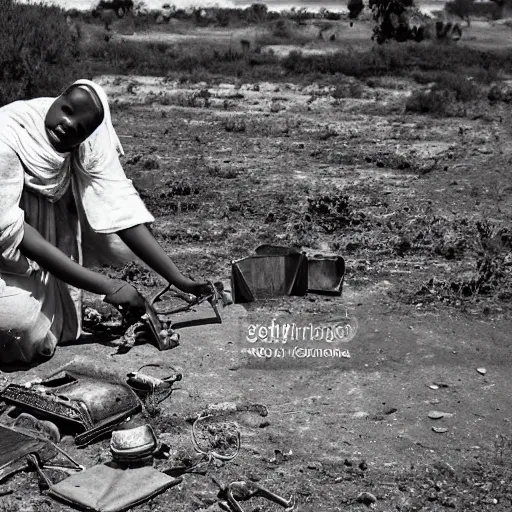 Image similar to wide angle photo of African woman inspecting laser gun ancient device, tools and junk on the ground,wires and lights, old village in the distance, vintage old photo, black and white, sepia