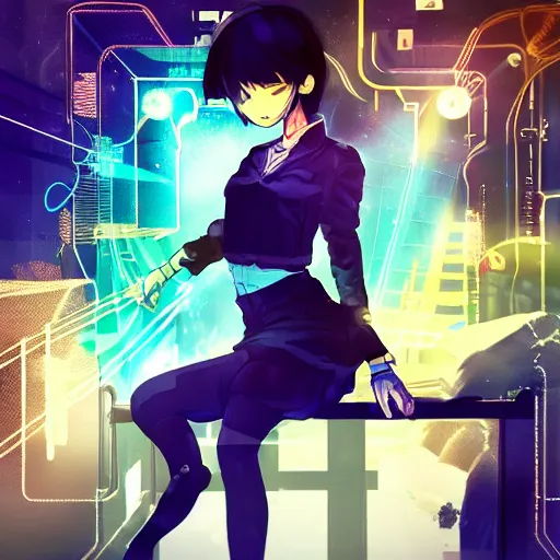 Image similar to Frequency indie album cover, luxury advertisement, blue filter, blue and black colors. Clean and detailed post-cyberpunk sci-fi close-up schoolgirl in asian city in style of cytus and deemo, blue flame, relaxing, calm and mysterious vibes, by Tsutomu Nihei, by Yoshitoshi ABe, by Ilya Kuvshinov, by Greg Tocchini, nier:automata, set in half-life 2, Matrix, GITS, Blade Runner, Neotokyo Source, Syndicate(2012), dynamic composition, beautiful with eerie vibes, very inspirational, very stylish, with gradients, surrealistic, dystopia, postapocalyptic vibes, depth of field, mist, rich cinematic atmosphere, perfect digital art, mystical journey in strange world, beautiful dramatic dark moody tones and studio lighting, shadows, bastion game, arthouse