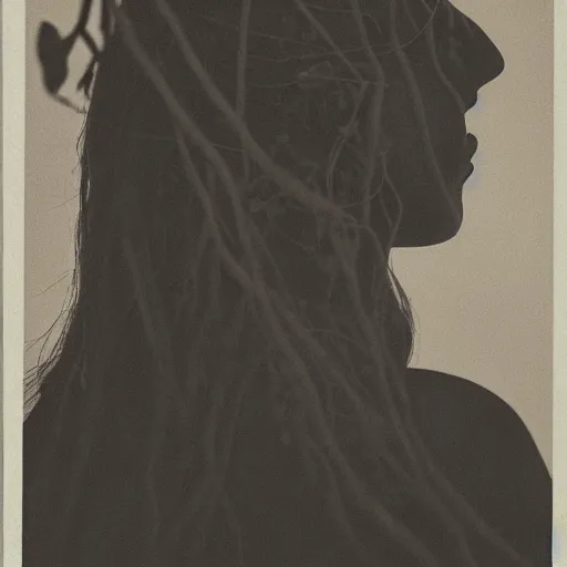 Image similar to “side profile of young woman blindfolded by vines”