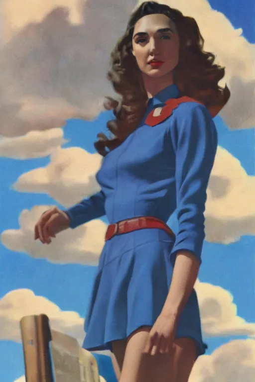 Image similar to full body portrait of gal gadot in the style of bill medcalf, blue sky with a few clouds, retro, 1 9 5 0, 4 k, detailed, 1 / 3 headroom, rule of thirds