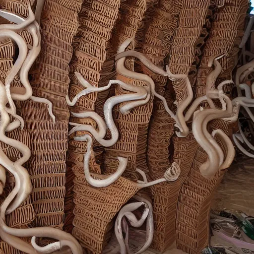 Image similar to tentacles made of brown corrugated cardboard, cut out of cardboard, realistic photography, fantasy