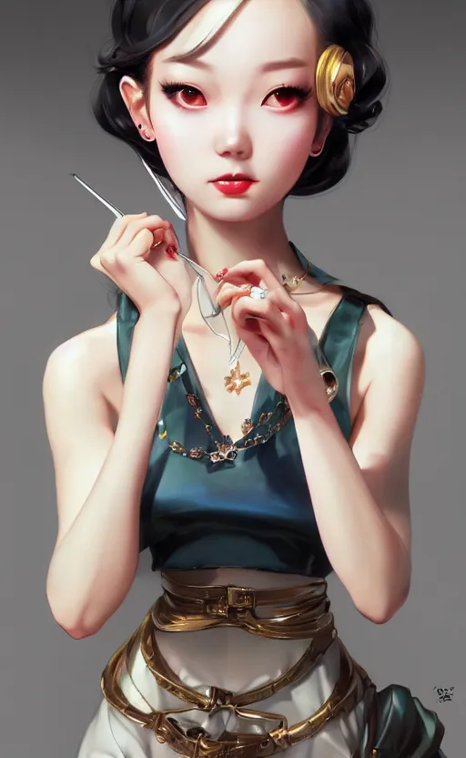 Image similar to a pin up and beautiful fashion charming dreamlke korea girl with lv jewelry, character art, art by artgerm lau and kyoung hwan kim and and ilya kuvshinov and john singer sargent, hyperdetailed, 8 k realistic, symmetrical, frostbite 3 engine, cryengine, dof, trending on artstation, digital art