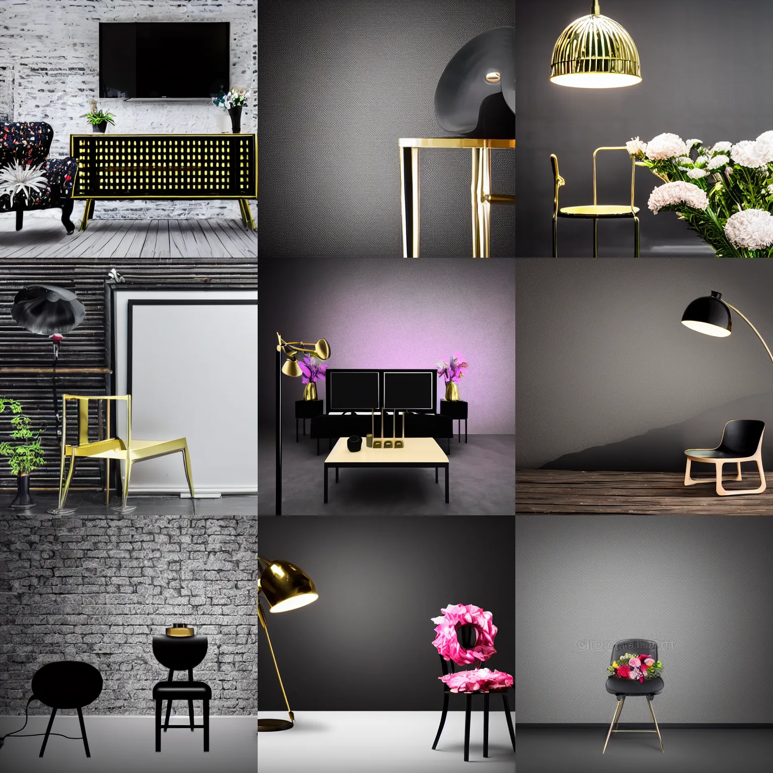 Prompt: black studio setting, high quality, tv production, black background, single chair brass, lamp, designer, single chair, artifical colorful flower bouquet