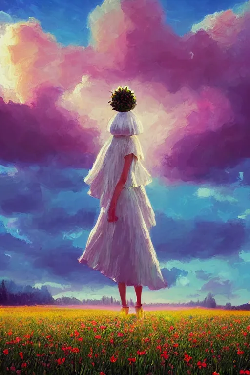 Prompt: giant white flower head, girl walking in a flower field, surreal photography, sunrise, dramatic light, impressionist painting, colorful clouds, digital painting, artstation, simon stalenhag