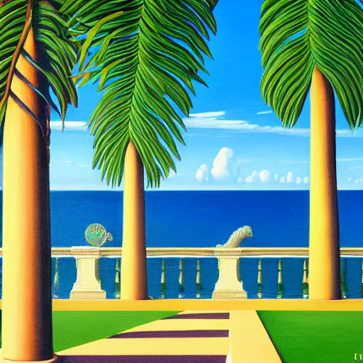 Prompt: a ultradetailed beautiful painting of the amazonas palace balustrade designed by rene magritte, tarsila do amaral, frank weston and gustave baumann, beach, trending on artstation, mediterranean, palm trees, detailed face, sharp focus, soft light, 8 k 4 k