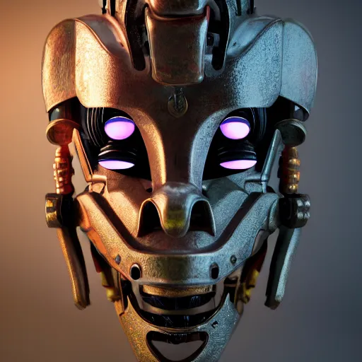 Image similar to cyberpunk tribal mask, robot, japanese pottery, vivid colors, wood, metal, intricate details, trending on cgsociety, concept art, glowing eyes, sharp focus, ultra realistic details, cinematic atmosphere, global illumination, shadows, octane render, 8 k