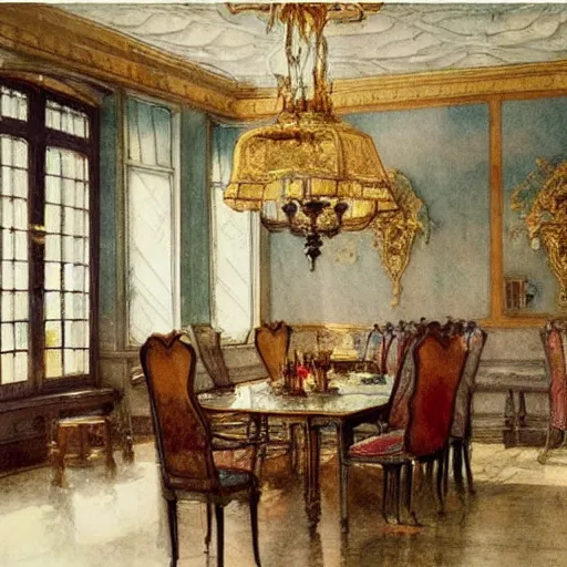 Image similar to a beautifull intricate watercolour painting of a dining room, reflexions, verry high details by william turner art, greg rutkowski and alphonse mucha, trending on artstation, very very detailed, masterpiece, muted colors