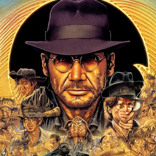 Prompt: portrait of crazy indiana jones, symmetrical, by yoichi hatakenaka, masamune shirow, josan gonzales and dan mumford, ayami kojima, takato yamamoto, barclay shaw, karol bak, yukito kishiro