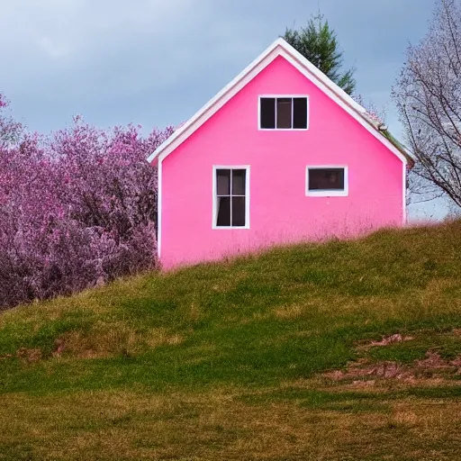 Image similar to a pink house on a hill, award winning, hd, 4k, 85mm