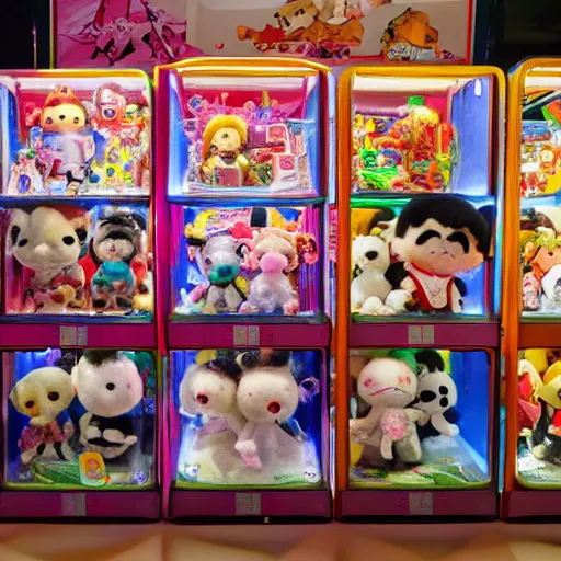 Prompt: stuffed animals inside of a crane game in japan anime style