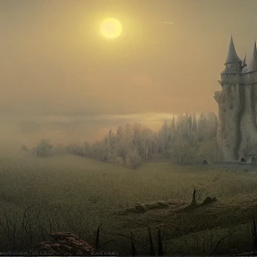 Image similar to A haunting castle stands over a misty orchard during sunrise. A matte painting in the style of Wayne Barlowe, by Zdzisław Beksiński.