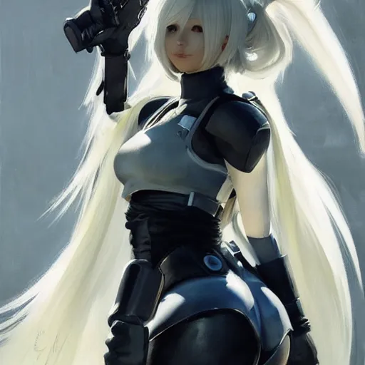 Image similar to greg manchess portrait painting of a 2 yorha type a no. 2 as overwatch character, white long hair, medium shot, asymmetrical, profile picture, organic painting, sunny day, matte painting, bold shapes, hard edges, street art, trending on artstation, by huang guangjian and gil elvgren and sachin teng