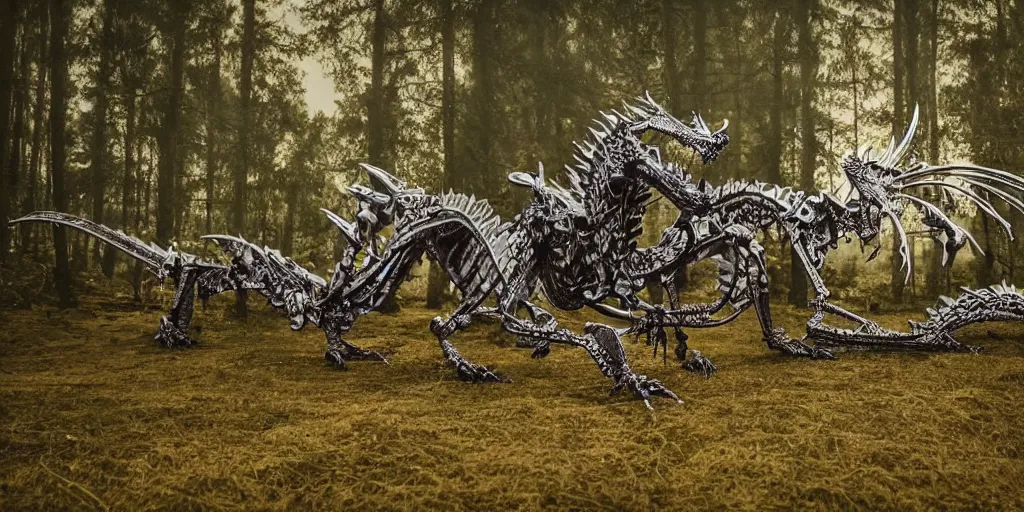 Image similar to mysterious dragon skeleton at night, in the forest