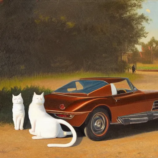 Prompt: corvette with cats sitting in and on the car, old dutch painting, golden hour, shadows, wide shot