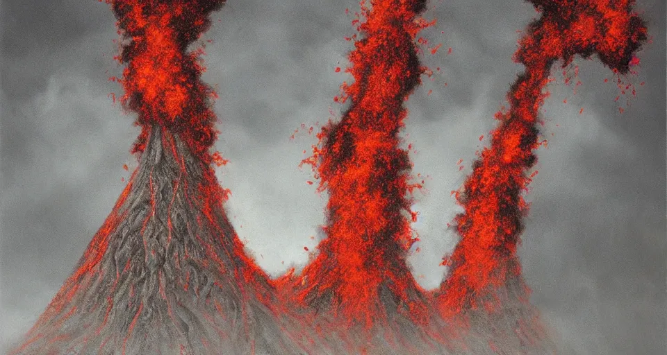 Image similar to a volcano made of ivory vines and crimson rocks enters in eruption, it spits a smoke in the shape of demonic eye, by lee madgwick