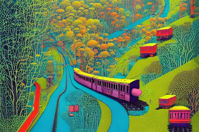 Image similar to surreal glimpse into other universe, choo choo train to penang hill, summer morning, very coherent and colorful high contrast, art by!!!! gediminas pranckevicius!!!!, geof darrow, floralpunk screen printing woodblock, dark shadows, hard lighting, stipple brush technique,