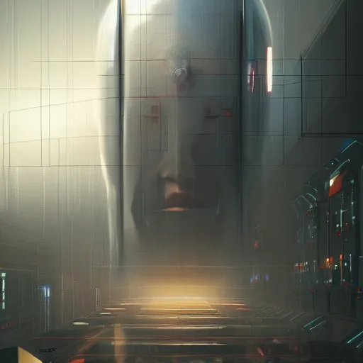 Image similar to professional painting of monumental conscious supercomputer with huge cybernetic face in endless server room, trending on artstation, cyberpunk, sci - fi, futuristic, by greg rutkowski and maciej kuciara, high quality