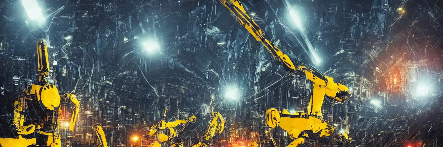 Prompt: apocalyptic scene of JCB yellow robot arms with claws are reaching out to try and catch the fast moving reflective spaceships, tuned to a dead channel, In the style of Blade Runner, CyberPunk, laser, smoke, debris