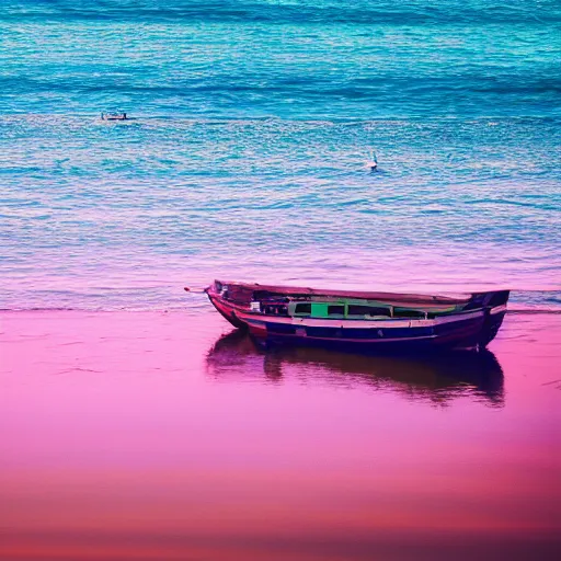 Image similar to a boat chilling on the beach, sunset, vaporwave