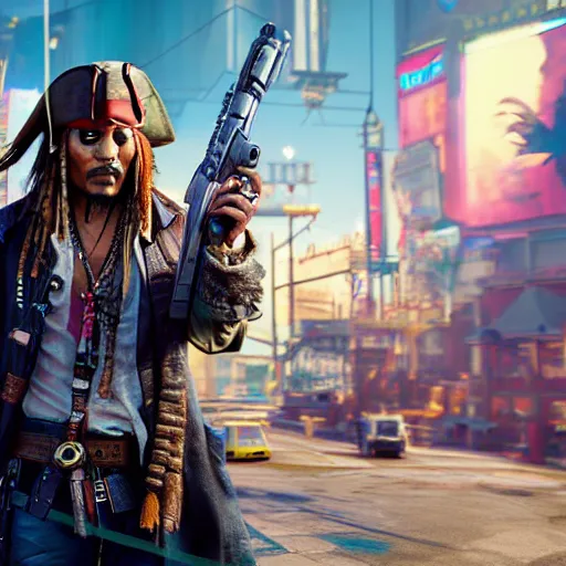 Prompt: jack sparrow in the game of cyberpunk 2 0 7 7