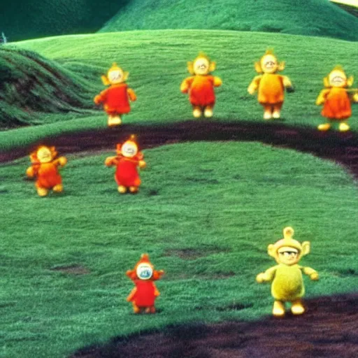 Image similar to A screenshot of the Teletubbies in Lord of the Rings