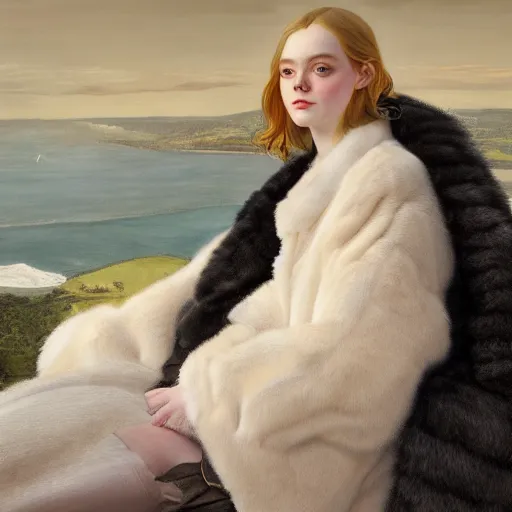 Image similar to Elle Fanning in a fur coat, religious masterpiece portrait, oil on canvas, golden hour, in the world of Andrew Wyeth, artstation, by J. C. Leyendecker and Peter Paul Rubens,