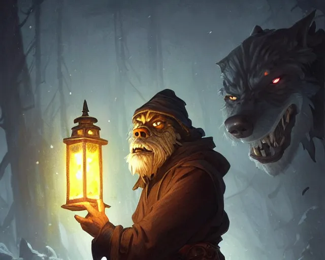 Prompt: oldman with a lantern at night time, werewolf behind him, deep focus, d & d, fantasy, intricate, elegant, highly detailed, digital painting, artstation, concept art, matte, sharp focus, illustration, hearthstone, art by artgerm and greg rutkowski and alphonse mucha