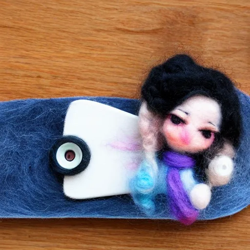 Image similar to a cute girl with curly black hair holding a skateboard from needle felting