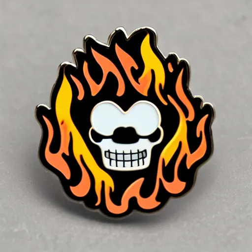 Prompt: a highly detailed retro minimalistic happy skull with fire flame enamel pin