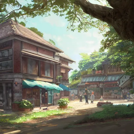 Image similar to concept art painting of a historic bakery with european and japanese architecture, in a woodland village surrounded by trees, realistic, detailed, cel shaded, in the style of makoto shinkai and greg rutkowski and james gurney