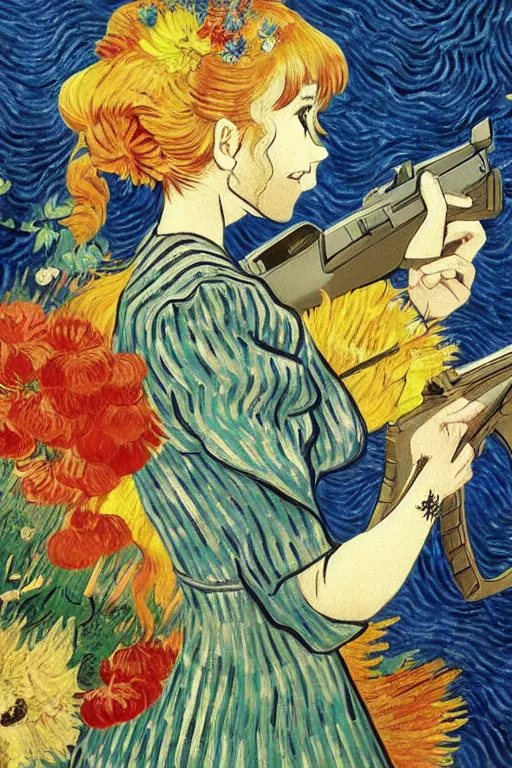 Image similar to beautiful anime goddess dressed as a military officer holding a gun, well - rendered, extra crisp, illustration pattern background with bizarre compositions and blend of flowers, fruits, birds by beto val painted by van gogh