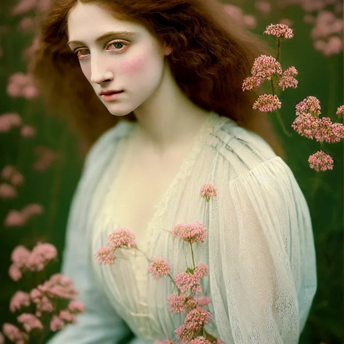 Prompt: Kodak Portra 400, 8K, soft light, volumetric lighting, highly detailed, britt marling style 3/4 ,portrait photo of a beautiful woman how pre-Raphaelites painter, a beautiful lace dress and hair are intricate with highly detailed realistic beautiful flowers , Realistic, Refined, Highly Detailed, natural outdoor soft pastel lighting colors scheme, outdoor fine art photography, Hyper realistic, photo realistic