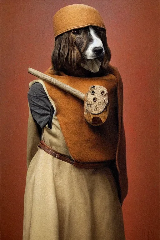Image similar to Slavic dog head man, woolen torso in medieval clothes, Orthodox, oil painting, hyperrealism, beautiful, high resolution, trending on artstation, with an axe,
