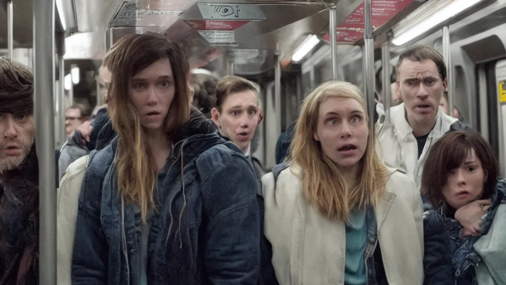 Image similar to an high quality still from an a 2 4 horror movie about riding the subway at night directed by ari aster