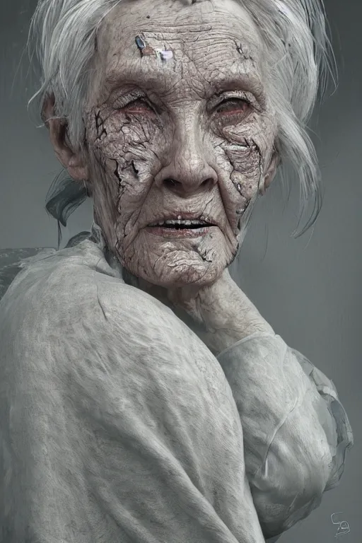 Image similar to portrait of a old woman with cracked reaction diffusion skin. high detail, by Eddie Mendoza