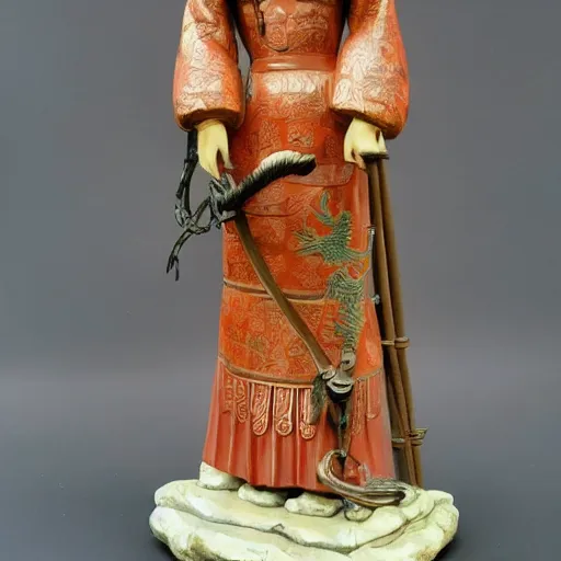 Image similar to museum girl statue monument made from chinese porcelain brush face hand painted with iron red dragons full - length very very detailed by rutkowski