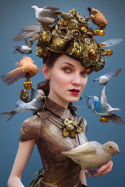 Image similar to cyber helmet 3 d render of english princess holding birds, ornaments, mucha vibe, dieselpunk, solarpunk, artstation, andrei riabovitchev