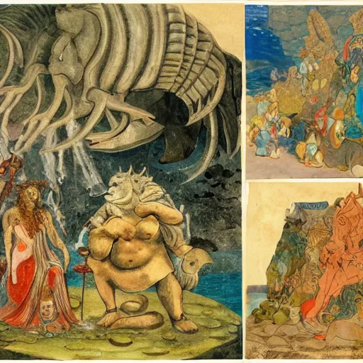 Image similar to The collage shows a mythological scene. A large, bearded man is shown seated on a throne, surrounded by sea creatures. He has a trident in one hand and a shield in the other. Behind him is a large fish, and in front of him are two smaller creatures. lofi, cave painting by Beatrix Potter, by Henry Justice Ford geometric