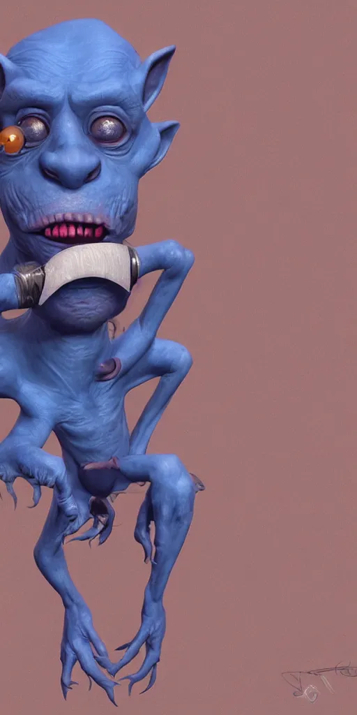 Prompt: a beautiful painted portrait of a happy blue goblin creature with a monocle by james gurney | centered | unreal engine :. 1