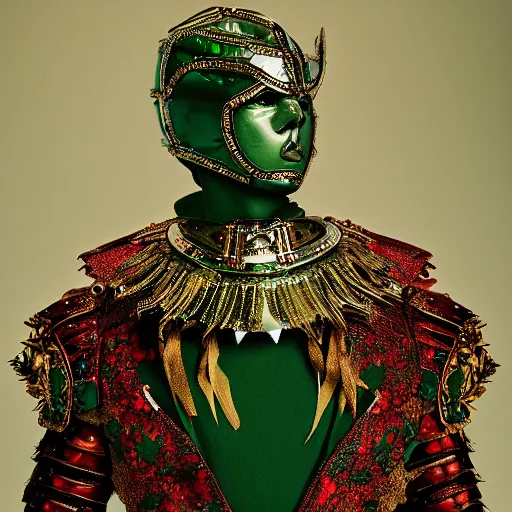 Prompt: a portrait of a beautiful young male wearing an alexander mcqueen armor made of emeralds , photographed by andrew thomas huang, artistic