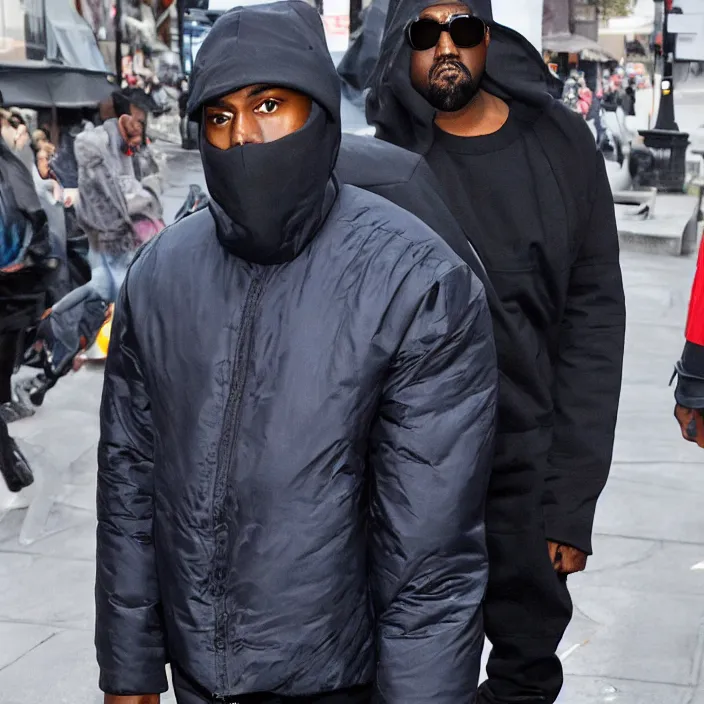 Prompt: kanye west using a full face covering black mask, a small, tight, child size reflective bright blue round puffer jacket made of nylon and big black balenciaga rubber boots,